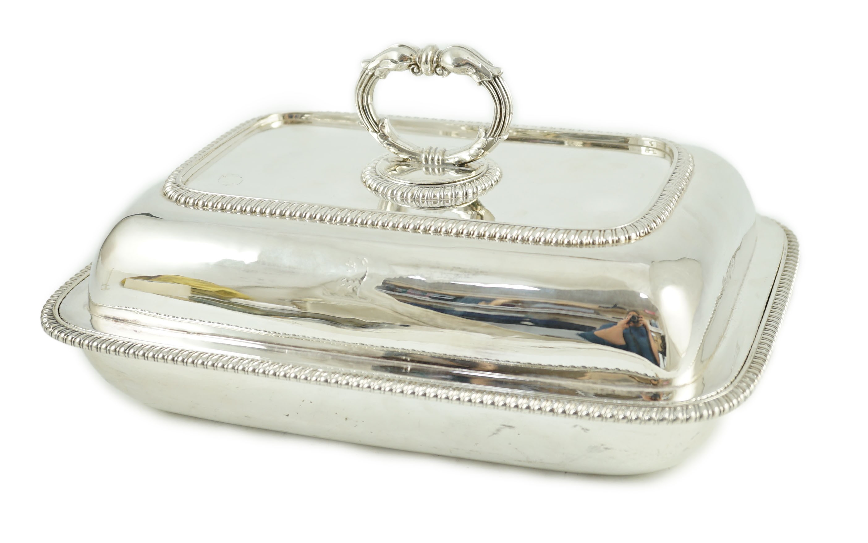 A George III silver shaped rectangular tureen, cover and handle